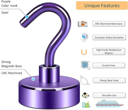 Neosmuk Magnetic Hooks, Heavy Duty 40lb+ Strong Magnet Hook for Cruise Cabins, Cruise Ship Essentials for Hanging, Metal Wall Refrigerator Hangers (Purple, 10 Pack)