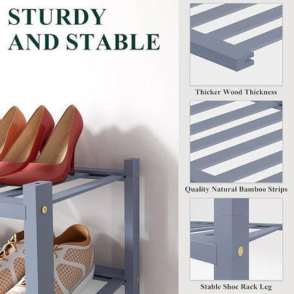 Smiry Bamboo Shoe Rack for Closet, 2 Tier Small Wooden Stackable Shoe Organizer, Free Standing Shoes Storage Shelf for Entryway, Front Door Entrance, Grey