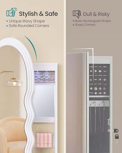 SONGMICS Mirror Jewelry Cabinet Wall Mounted Over the Door, Hanging LED Jewelry Organizer, Lockable Wavy Wide Mirror with Storage, Interior Lights, 3.9 x 16.5 x 42.5 Inches, White UJJC031W01