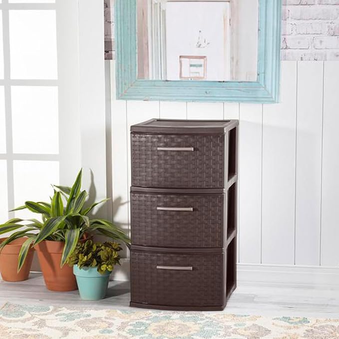 Sterilite 3 Drawer Plastic Wicker Weave Decorative Storage Organization Container Cabinet Tower with Driftwood Handles, Espresso (2 Pack)