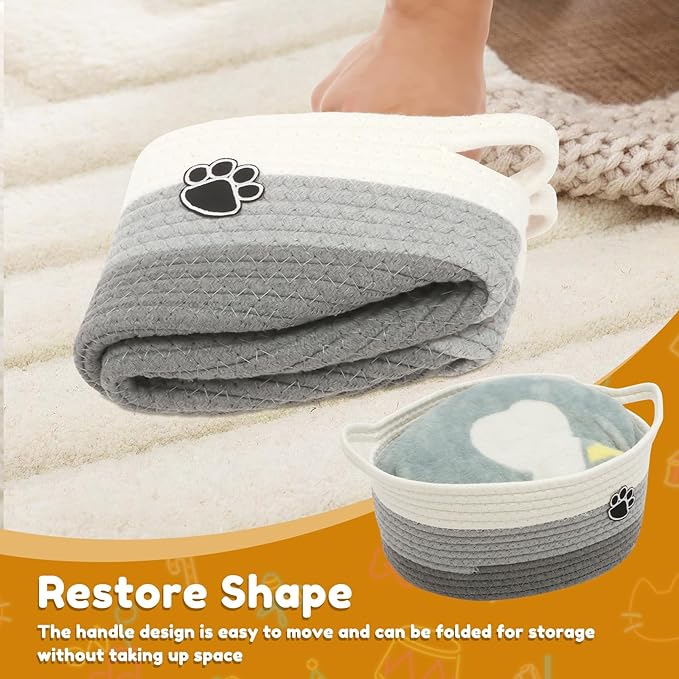 Woven Toy Storage Basket Bin Dog Toy Basket Foldable Cotton Rope Box Multipurpose Woven Case Portable Diaper Organizer Box for Toys Living Room Bathroom (Grey White)