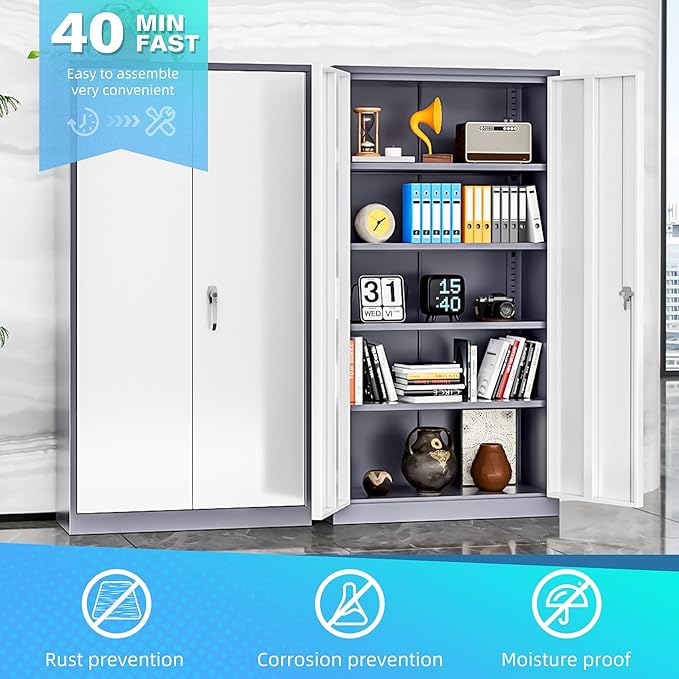 Bonusall Mental Garage Cabinets with 2 Doors and 4 Shelves, Locking Cabinet with for Tool，Steel Garage Storage Cabinets for Home Office, Warehouse，School(Black Grey)