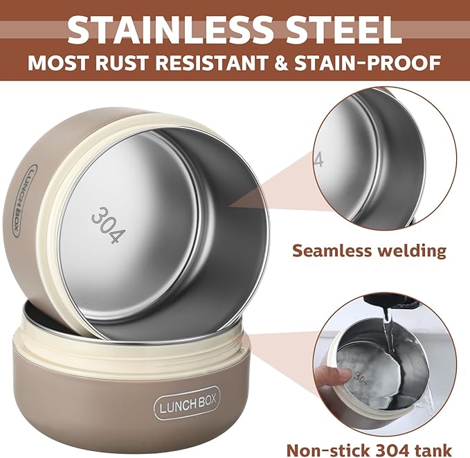 Dandat 4 Pcs Insulated Bento Box Portable Stainless Steel Food Container Round Stackable Leakproof Thermal Food Container for Adult Men Women with Insulated Bag, 74 oz(Khaki)