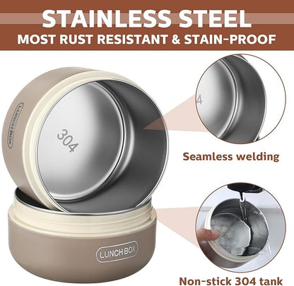 Dandat 4 Pcs Insulated Bento Box Portable Stainless Steel Food Container Round Stackable Leakproof Thermal Food Container for Adult Men Women with Insulated Bag, 74 oz(Khaki)