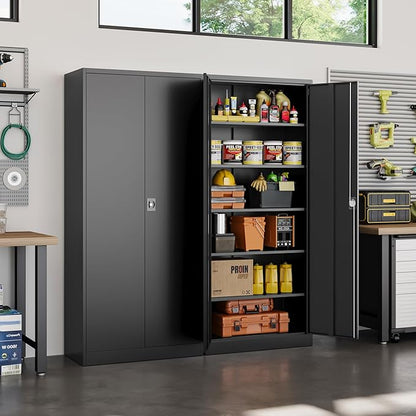 Yizosh Metal Garage Storage Cabinet with Lock, 71" Locking Tool Cabinet with 2 Doors and 5 Shelves, Tall Steel Cabinet for Garage, Heavy Duty File Cabinet for Office, School (Black)