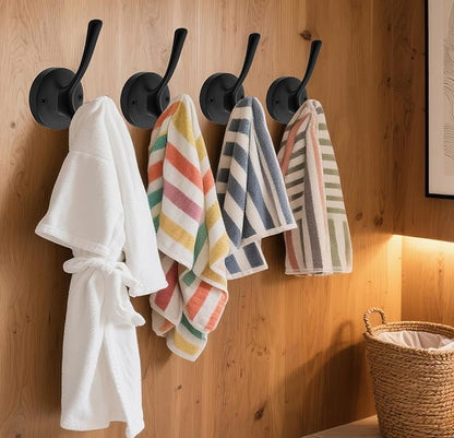 Matte Black Wall Hooks, 4 Pack Heavy Duty Coat Towel Hook Metal Double Backpack Hook Wall Mounted, Bath Towel Hooks for Entryway Cubicle Bathroom Closet Garage