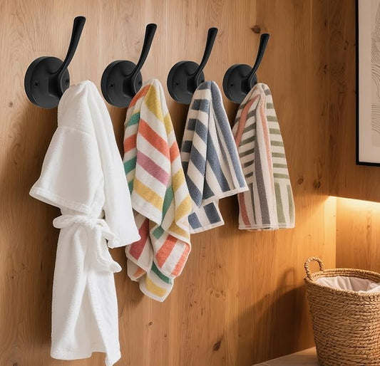Matte Black Wall Hooks, 4 Pack Heavy Duty Coat Towel Hook Metal Double Backpack Hook Wall Mounted, Bath Towel Hooks for Entryway Cubicle Bathroom Closet Garage