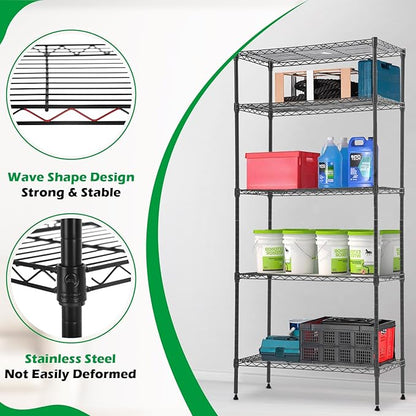 PayLessHere | 5-Tier Wire Shelf with Wheels | 14"x30"x60" | Black | Adjustable Racks | Heavy-Duty Storage Shelves, Holds Upto 220 lbs | Rust-Resistant, No-Tool Assembly | for Home, Garage Shelving