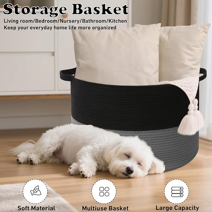 90L Large Blanket Basket,21.7"L x 21.7"W x 13.8"H Rope Woven Baskets with Handles, Toys Storage Bins,Laundry Basket Perfect for Living Room, Nursery,Bedroom,Home Organization,Black&Dark Grey