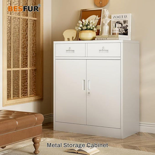 BESFUR Metal Storage Cabinet, Garage Storage Cabinet with 2 Drawers and Adjustable Shelf, Locking Short Storage Cabinet for Office Garage Home, White Metal Cabinets(36" H x 31.5" W x 16" D)