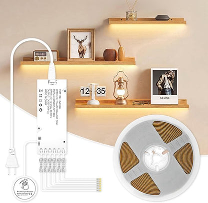 Under Cabinet COB Led Light Strip kit,16.4ft/5m Cuttable 3000K,Diffused Power with 6 Output Ports,Touch Switch&Dimmer Strip for Gun Safe Case,Book Shelf,Floating Shelf,Wall Panel,Home Decor