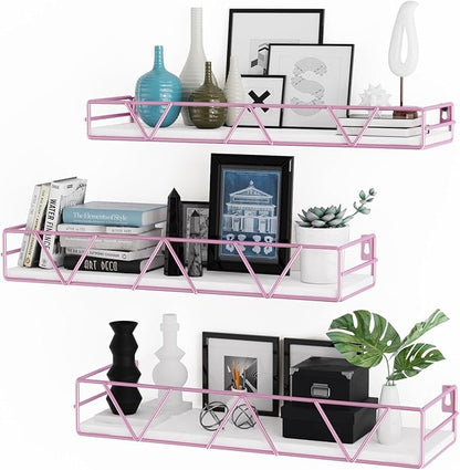 Floating Shelves Set of 3, Home Wood Wall Shelf, Farmhouse Shelf for Bedroom, Wall Mounted Floating Shelf for Living Room, Bedroom, Bathroom, Kitchen, Office (Pink)
