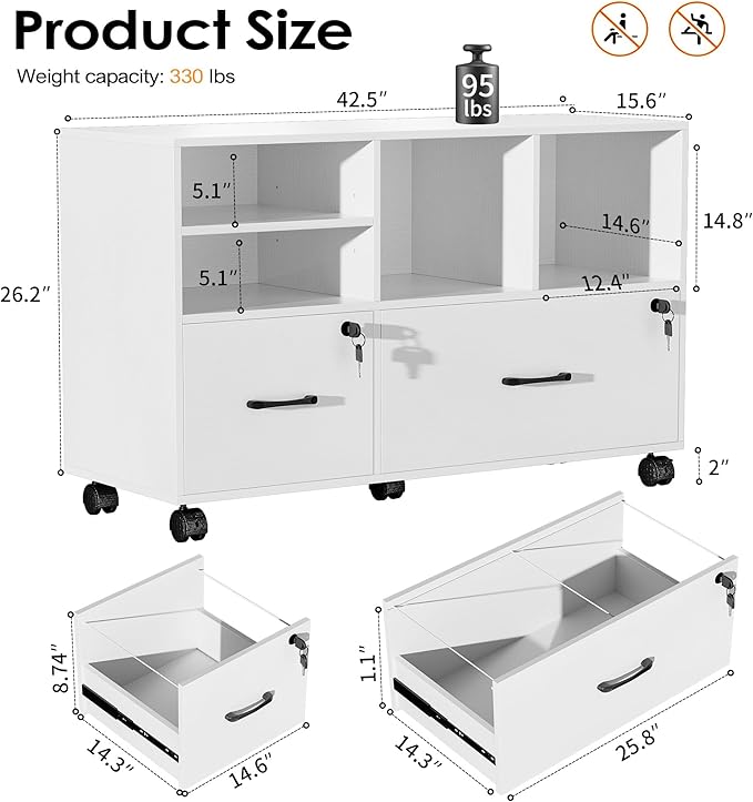2 Drawer Wood Mobile Large Lateral File Cabinet, Lockable Rolling Filing Cabinet with Storage Shelves, Printer Stand Office Storage Cabinet for Home Office Fits Files Legal/A4, White
