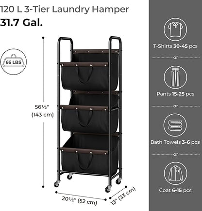 GRANNY SAYS 3 Tier Laundry Sorter, Laundry Basket with Wheels, Laundry Room Organization and Storage, 3 Section Rolling Laundry Cart for Dorm, Bathroom, Bedroom, Closet, Black