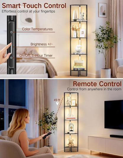 5-Tier Corner Bookshelf with LED Lights, Touch & Remote Control, 3 Color Temperatures, Dimmable Narrow Display Shelf with 1-Hour Timer for Living Room, Bedroom, Office (Black)