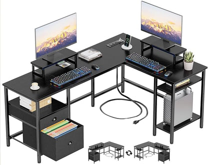 Furologee 59” L Shaped Desk with Power Outlet, Reversible Computer Desk with File Drawer & 2 Monitor Stands, Corner Home Office Table with Storage Shelves for Gaming Writing, Black