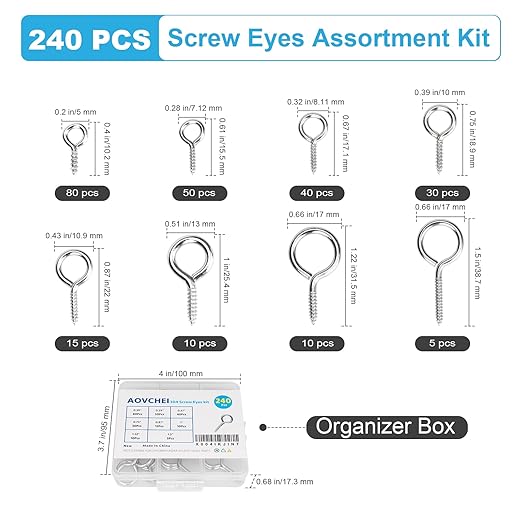 Aovchei Screw Eyes Set, 240PCS 0.39" 0.59" 0.67" 0.75" 0.87" 1" 1.22" 1.5" 304 Stainless Steel Eye Screws, Heavy Duty Screw, Eye Hooks Screw Eye Bolts Eye Hooks Screw, Indoor & Outdoor