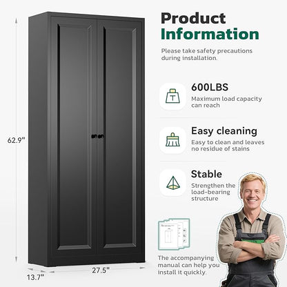 Greenvelly Metal Cabinet, 63" H Black Metal Storage Cabinet with Doors and 4 Shelves, Pantry Storage Cabinet for Kitchen, Bedroom, Living Room, Office (Modern)