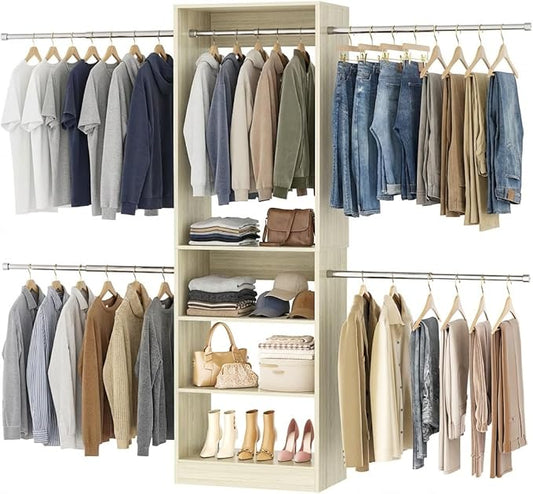 Homieasy Closet Organizer System, 4.5-10ft Modular Wooden Storage with 5 Hanging Rods & Shelving Tower, Adjustable for Walk-in Reach-in Bedroom Closets, Light Oak