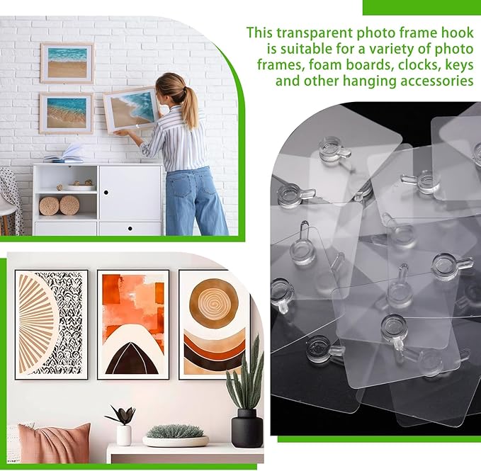 Wenqik 30 Pcs Adhesive Picture Hanger Foamboard Picture Hanging Hooks Without Nails Plastic Sticky Photo Hooks for Home Wall Art Photo Frame Bathroom Closet (Transparent Style)