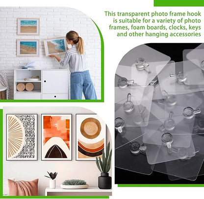 Wenqik 30 Pcs Adhesive Picture Hanger Foamboard Picture Hanging Hooks Without Nails Plastic Sticky Photo Hooks for Home Wall Art Photo Frame Bathroom Closet (Transparent Style)