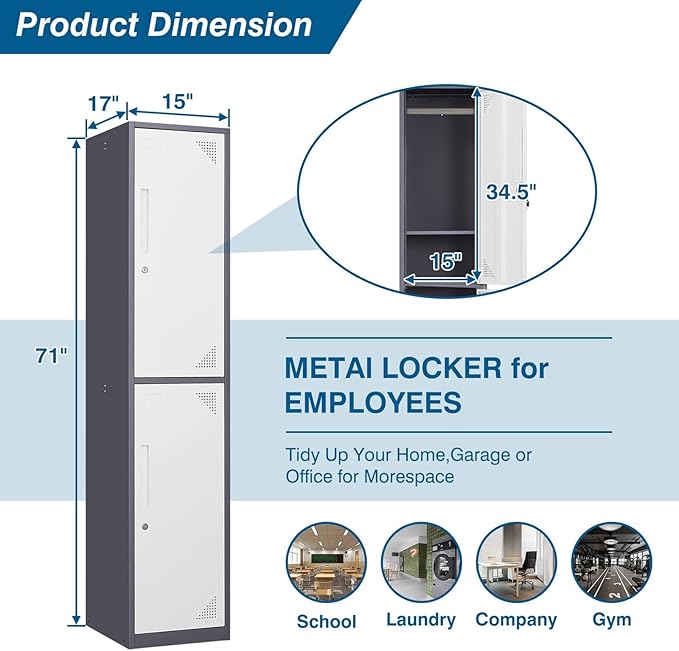 Metal Storage Cabinet, 71" Tall Storage Locker for Employees, Steel Cabinet with Lock and Keys for School, Gym, Home, Office Staff (2 Doors - Grey White)