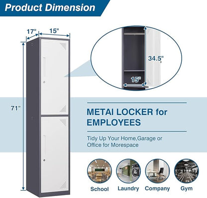 Metal Storage Cabinet, 71" Tall Storage Locker for Employees, Steel Cabinet with Lock and Keys for School, Gym, Home, Office Staff (2 Doors - Grey White)