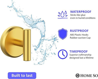 HOME SO Suction Cup Hooks for Shower & Bathroom Towel Holder 2-Pack – Suction Cups Hooks for Hanging Towels, Robes, & Coats - Tiles, Glass Door or Mirror – Shower Hooks & Towel Hooks - Gold T-Shape