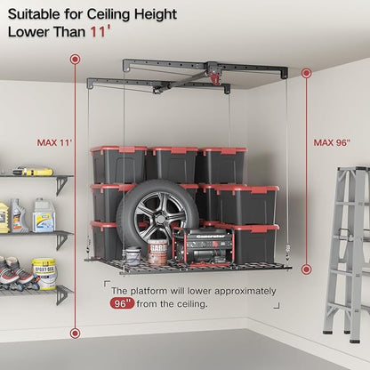 Overhead Garage Storage Lift, Heavy-duty 4x4 Ft Garage Ceiling Storage Racks with Safety Lock, Ideal for Ceiling Storage Lifting Organization System, 250lbs Capacity