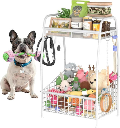 Indestructible Medium Dog Toy basket, Toy Box for Dogs,Pet Toys Bin Dog Metal Wire Basket for Toys, Food Storage, Storage Organizer Chest Storage, Toy Box for Living Room Area (White)