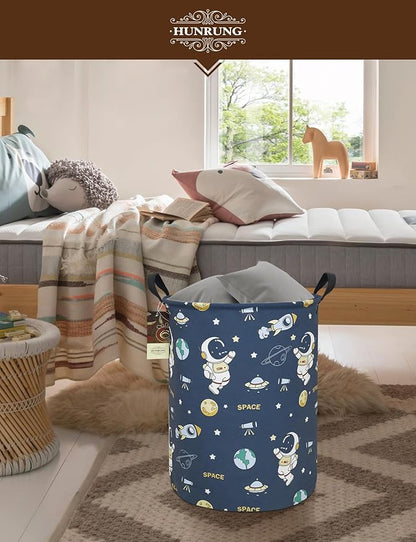 HUNRUNG Laundry Hamper,Large Canvas Fabric Lightweight Storage Basket Toy Organizer Dirty Clothes Collapsible Waterproof for College Dorms（Round-Blue Space Astronaut）