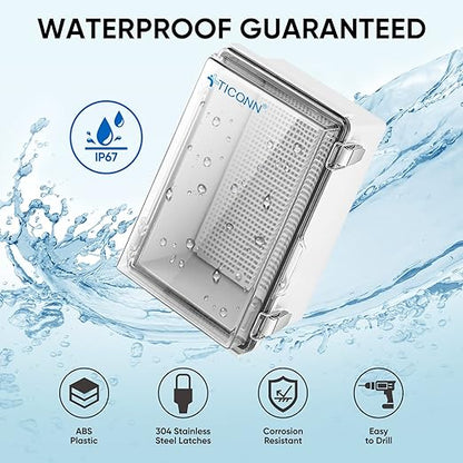 TICONN Outdoor Electrical Box Waterproof, Junction Box IP67 ABS Plastic Enclosure with Hinged Cover with Mounting Plate, Wall Brackets, Cable Glands (Clear, 10.2"x6.3"x3.9")