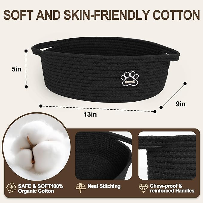Small Dog Toy Basket, Soft Cotton Rope Dog Cat Toy Bin, Woven Storage Basket for Living Room Nursery, Cats Pet Gift Basket Empty, Decorative Wicker Storage Box with Handle, 13"x 9"x 5"