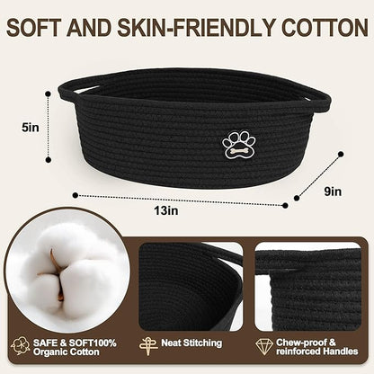 Small Dog Toy Basket, Soft Cotton Rope Dog Cat Toy Bin, Woven Storage Basket for Living Room Nursery, Cats Pet Gift Basket Empty, Decorative Wicker Storage Box with Handle, 13"x 9"x 5"
