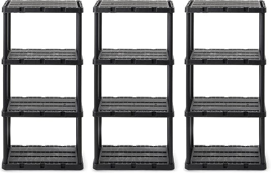 Gracious Living 3 Pack Light Duty Storage Shelves, Knect-A-Shelf 4-Shelf Ventilated Shelving Rack Organizer for Home, Garage, Basement & Laundry, Black