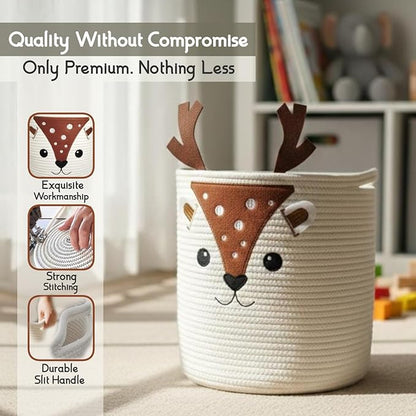 Kids Laundry Hamper & Toy Storage Organizer | Large Deer Woven Cotton Rope Bin for Stuffed Plushies | Cute Animal Design basket with Cutout Handles for Nursery, Playroom & Kid’s Bedroom (Deer)