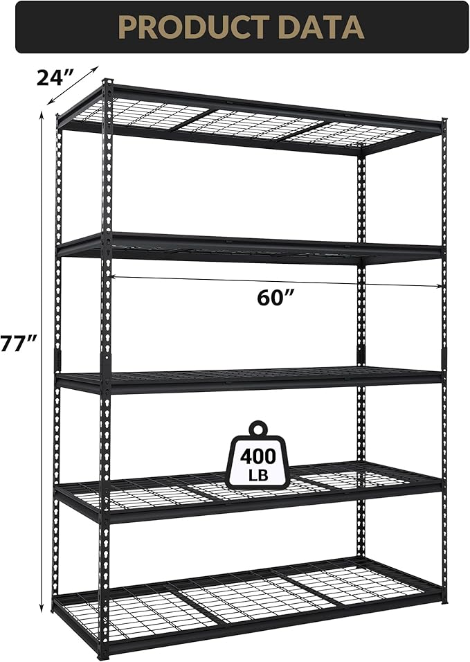 Heavy Duty Storage Shelves 60x24x78 in, 2500Lbs Adjustable Metal Shelving for Garage Organization, Durable Garage Shelving Easy Assemble