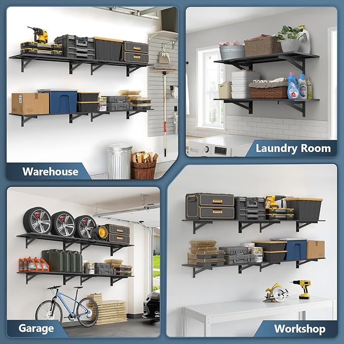 4 Pack Heavy Duty Garage Wall Shelving (1.5x4ft), 1400lbs Capacity Garage Shelving Wall Mounted, 18"x96"Garage Storage Rack Floating Shelves, Black