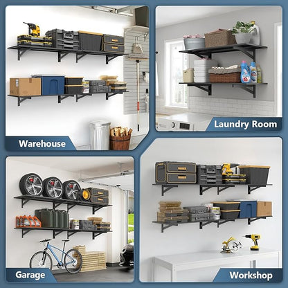 4 Pack Heavy Duty Garage Wall Shelving (1.5x4ft), 1400lbs Capacity Garage Shelving Wall Mounted, 18"x96"Garage Storage Rack Floating Shelves, Black
