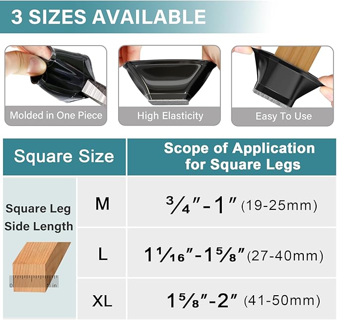 24 Pcs Chair Leg Floor Protectors Square,Black Silicone Felt Furniture Leg Pads Caps Covers for Hardwood Floors(Fit:1-1/16" to 1-5/8")