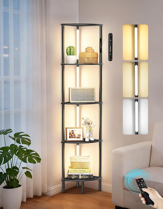 5-Tier Corner Bookshelf with LED Lights, Touch & Remote Control, 3 Color Temperatures, Dimmable Narrow Display Shelf with 1-Hour Timer for Living Room, Bedroom, Office (Black)