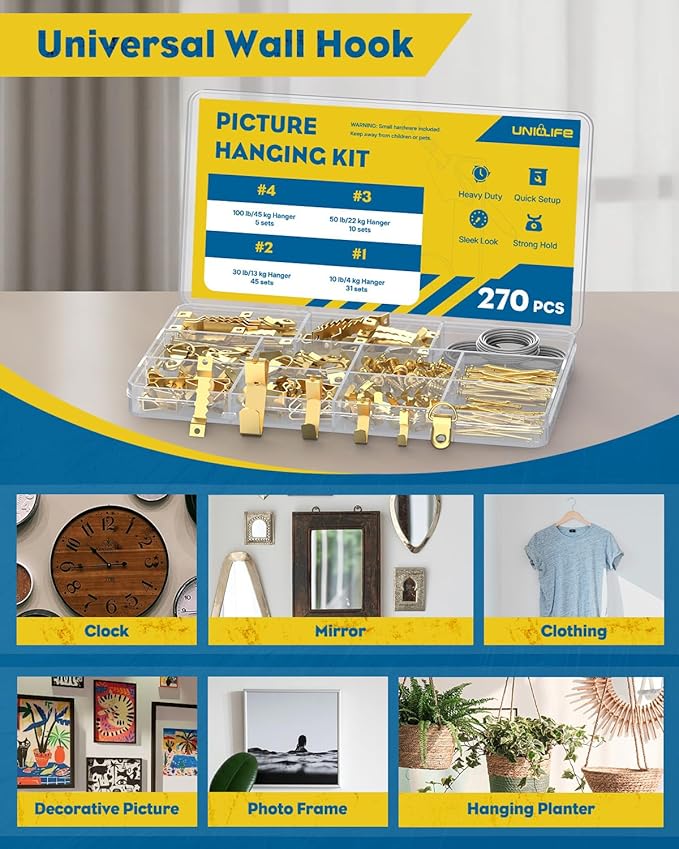 Uniclife 270 Pcs Heavy Duty Picture Hanging Kit, 10 lb, 30 lb, 50 lb, 100 lb Picture Hanging Hooks with Nails, D Ring Picture Hangers Sawtooth Picture Hangers & Picture Hanging Wires with Screws