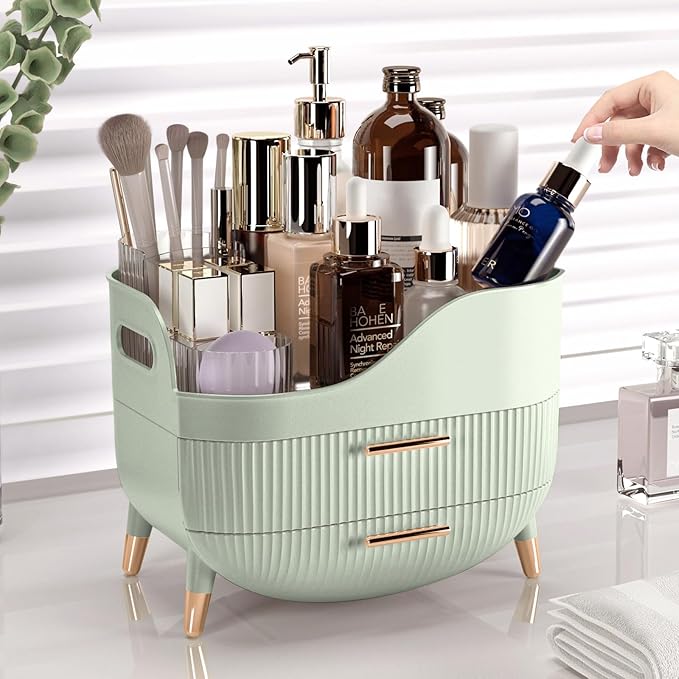 Makeup Organizer with Drawers, Green Skincare Organizer for Vanity, Storage Box with Handle, Large Cosmetic Display Case for Dresser, Bathroom Countertop