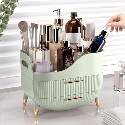 Makeup Organizer with Drawers, Green Skincare Organizer for Vanity, Storage Box with Handle, Large Cosmetic Display Case for Dresser, Bathroom Countertop