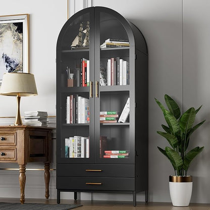 Metal Arched Pantry Cabinet with 2 Drawers,Black Arched Cabinet with Glass Door for Kitchen Home, Assemble Required,Black,72.76"×30.83" W×16.10" D