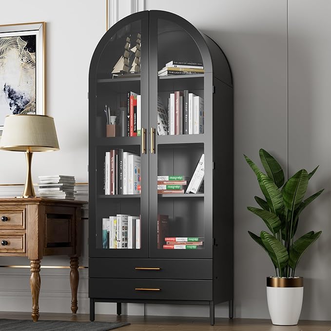 Metal Arched Pantry Cabinet with 2 Drawers and Glass Doors,Black Arched Bookcase with 2 Adjustable Shelf for Kitchen Home Office,Installation Required,Black