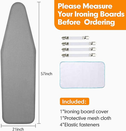 Ironing Board Cover and Pad, 21x54 Extra Large Thick Iron Padding, Scorch & Stain Resistant Ironing board cover, Heavy Duty Iron Board Padded with Adjustable Fasteners Durable Elastic Edge, Grey