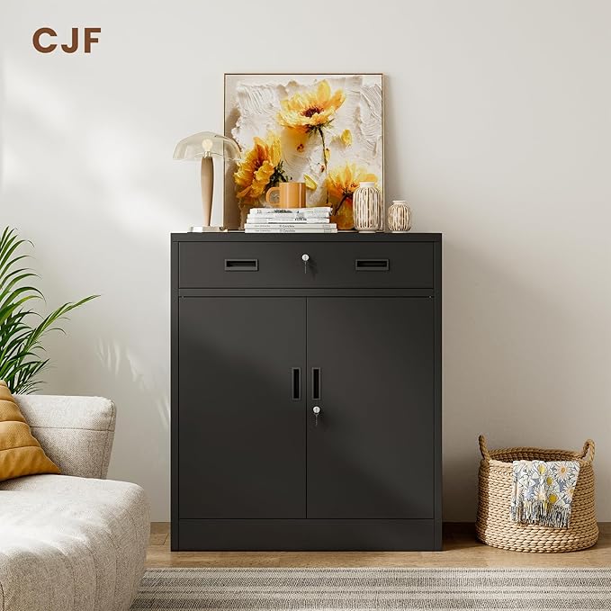 CJF Metal Storage Cabinet, Locking Storage Cabinet with 1 Drawer and Adjustable Shelf, 36" H x 28" W x 16" D Metal Cabinets for Office, Home, Garage -Black