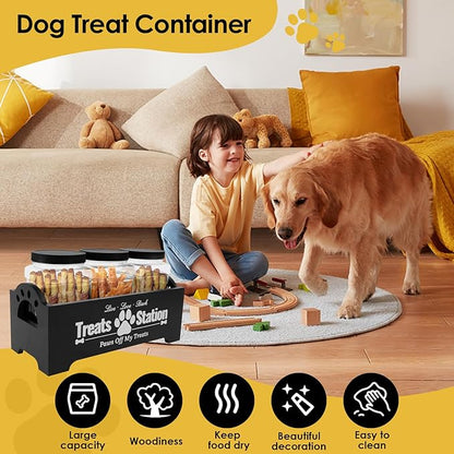Dog Treat Container with 3 Plastic Treat Jars Wood Dog Food Container with Handles Dog Food Storage Container Decorative Cat Food Container for Dog Food Storage (Black)
