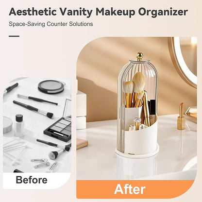 360° Rotating Makeup Brush Holder with Lid, Waterproof Three-Compartment Makeup Organizer, 180° Side-Pull Door Desk Organizer, Dustproof Brush Holder for Vanity and Bathroom (Transparent)